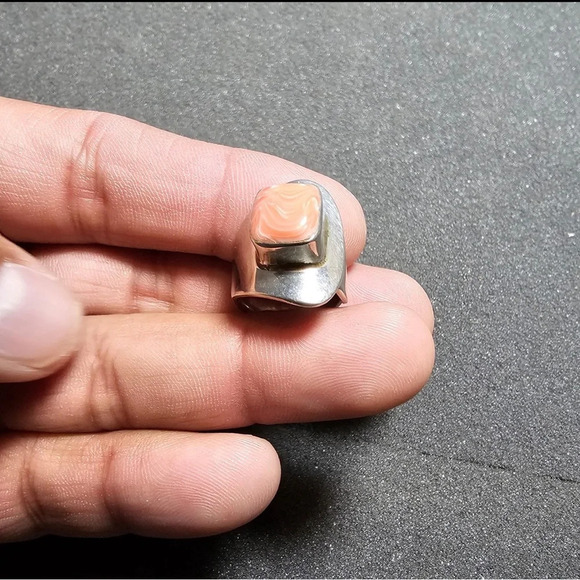 Taxco Mexico Sterling Silver 925 Pink Coral Statement Ring Size 5 Adjustable - Picture 2 of 9